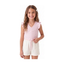 Onloox Kız Çocuk Pembe Kız Çocuk Pembe Pamuklu Kaşkorse Bisiklet Yaka Crop Bağcıklı Fırfırlı Tişört 8-9 Yaş