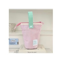 Sevimli Pastel Tonlu Fermuarlı Stand Kalemlik - Taşınabilir Masa Üstü Kalem Kutu Pembe