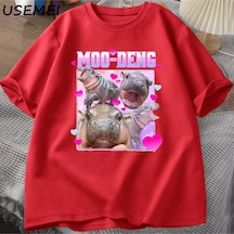 Flood Of Style Komik Moo-deng Bebek Pygmy Hippo Sevimli Hayvanat Bahçesi T Shirt Adam Kadın Nedensel Pamuk K Kırmızı