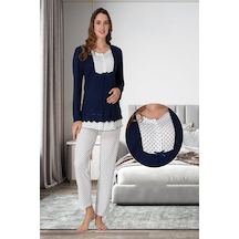 Lohusa Homewear Kadın Lacivert Puantiyeli Özel Tasarım Hamile Lohusa Pijama Takımı Lacivert