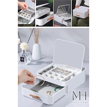 Makri Home Şık Ve Fonksiyonel Aynalı Takı Organizeri, Çekmeceli, Otomatik Açılır Aynalı Tasarım 22x20x8 Cm Beyaz
