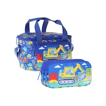 Kaukko Kids Erkek Çocuk Dinazor Ve İş Makinesi Baskılı Mavi - Sarı Thermo Beslenme Çantası Ve Kalemlik Seti - Setkk-l5370