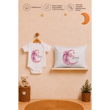 Pia Baby İsme Özel Kısa Kollu Kız Bebek Body Zıbın Ve 35x45 Cm Yastık Kılıfı %100 Pamuk Organik Baskılı Bebek Hediyesi 1068bay2x Ekru