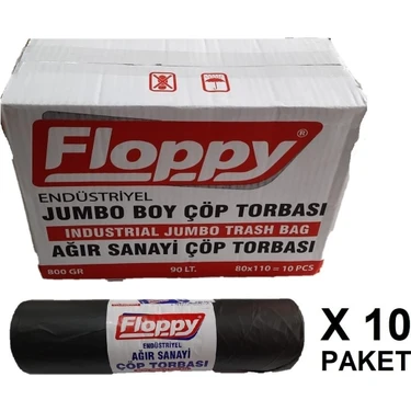 Floppy Endüstriyel Jumbo Siyah Çöp Torbası 80 110 Cm 800 Gr 10'lu 10 Paket 1 Koli