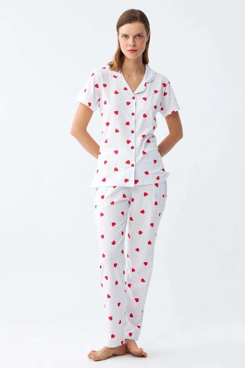Akbeniz Kadın Beyaz Kırmızı Kalpli Önden Düğmeli Pijama Takımı Beyaz