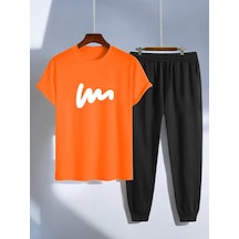 Uyguntarz Unisex W Yazı Tasarım Basklı Tshirt Eşofman Takımı Turuncu