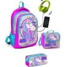 Coral High Kız Çocuk Pembe Unicorn 3'lü Çanta Takımı - USB Soketl
