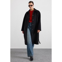 Olcay Gömlek Yaka Oversize Ara Boy Kaban Siyah 3194