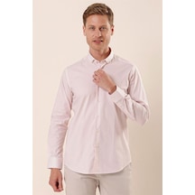 İmza Somon Uzun Kollu Baskılı Cepsiz Pamuklu Likralı Klasik Slim Fit Dar Kesim Gömlek 1004230115-somon Somon