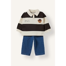 Defacto Çizgili Polo Yaka Ayı Desenli Sweatshirt Ve Pantolon 2li Takım Erkek Bebek I3307a526wnbg734 Bej-bg734