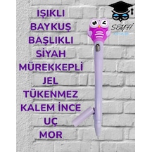 Işıklı Baykuş Başlıklı Siyah Mürekkepli Jel Tükenmez Kalem İnce Uç Mor