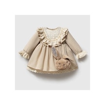 Ministok Petit Rabbit Yakası Fistolu Ve Oyuncak Aksesuarlı Kız Bebek Elbise Bej