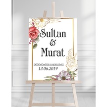 Söz Nişan Düğün İçin 50x70 Karşılama Panosu - Gül Tema Tasarımlı Beyaz