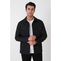 Comfort Fit Yan Cepli Esnek Pamuklu Siyah Gömlek Ceket C 731