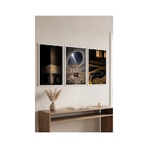Beyaz Ahşap Çerçeveli Dini Kabe Temalı Duvar Tablosu 3 Lü Set Siyah Gold İslami Desenli Modern Dekorasyon Kabartma Görünümlüdür Beyaz