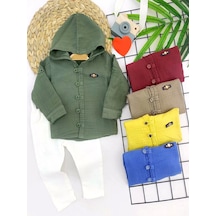 9-12-18-24 Ay Nefes Alan Organik Kumaş Kapşonlu Düğmeli 2li Erkek Bebek Takımı Sarı Sari