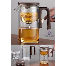 Qerhome Borosilikat Cam Ahşap Kapak Ve Sap Detaylı Mıknatıs Özellikli Lüks Bitki Çayı Demliği 520 Ml Şeffaf