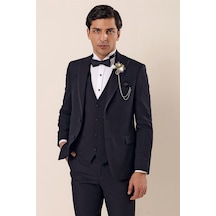 İmza Desenli Çıkarılabilir Kırlangıç Yaka Tam Astar Yelekli 6 Drop Slim Fit Dar Kesim Smokin Damatlık 1001225203-Koyu Lacivert