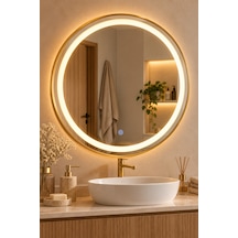Yuvarlak Led Işıklı Ayna 60 Cm 3 Işık Modlu Dokunmatik Altın Çerçeveli Banyo Aynası Altın - 940892278 Altın