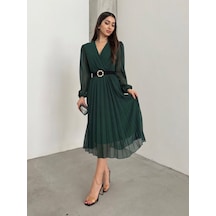 Tua Moda Kadın Şifon Kumaş Astalı Kloş Kesim Kruvaze Yaka Midi Boy Elbise Zümrüt Yeşili