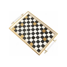 Dijital Baskılı Cam Servis Tepsisi Dama Desenli, Metal Kulplu 46x28 Cm Siyah