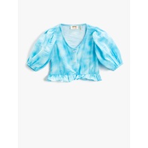 Koton Crop Bluz Balon Kollu Fırfırlı Mavi Desenli 2skg60141aw 2SKG60141AW6D0 Mavi