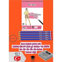 Kara Kalem Çizim Seti 20x30 Cm A4 200 Gr Defter 40 Sayfa Hb-2b-3b-5b-6b Kalem Hamur Silgi Çok Renkli