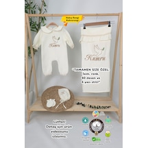 Gros Shop Müslin Yeni Doğan 4katlı Organik %100pamuk Kişiye Özgü Nakışlı Hastane Çıkış Seti Kuş Model-2 Ekru