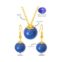 Sertifikalı Gold Küre Model Lapis Lazuli Taşı Kolye Ve Küpe Seti Çok Renkli