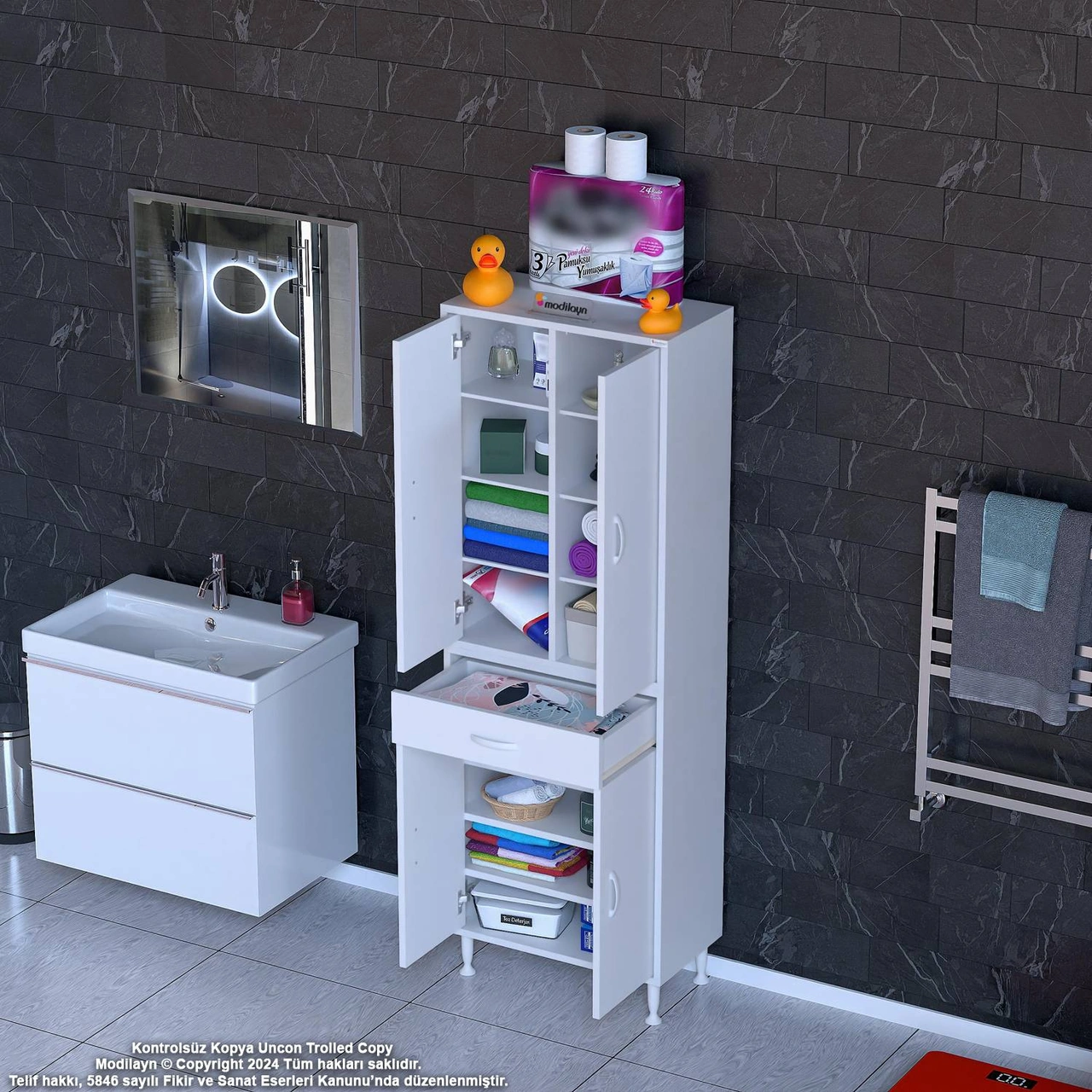 Sare Banyo Ve Mutfak Dolabı Çok Amaçlı Dolap Tek Çekmece 4 Kapak 7 Raf 10 Bölme 55x173x32,5 Cm Beyaz