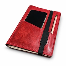 Bilikolik Hakiki Deri A5 Defter Kılıfı, El Yapımı, Telefon Cepli Ajanda Organizer, Defter Ve Kalem Dahil Kırmızı