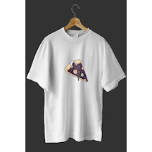 Noıssey -wed Pizza Dilim Astronot Tasarım Baskılı Oversize T-shirt Tişört Beyaz