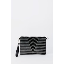 Vivaq Kadın V Gümüş Taşlı Süet Bilek Askılı Ve Zincir Askılı Portföy El Ve Clutch Çanta SİYAH