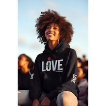 Love Yazılı Özel Tasarım Ön Ve Kol Baskılı 3 İplik Siyah Oversıze Sweatshirt
