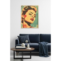 Doğal Ahşap Çerçeveli Pop Art Portre Tablo - Sarı Kırmızı Tonlar Huhu1941