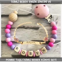 Sahi Aksesuar İsimli Bebek Emzik Zinciri ve İsimli Bebek Künye Seti BEZYI302 Pembe