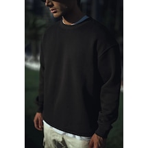 Barlashive Erkek Pamuklu Bisiklet Yaka 3 İplik Basic Sweatshirt - Siyah Çok Renkli