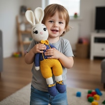 Tığ İşi Tavşan Oyuncak El Yapımı Amigurumi Bebek Ve Çocuk Oyuncağı Sarı - Mavi