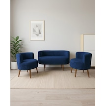 Sydney 2+1+1 Welsoft Tüylü Yumuşak Kumaş Balkon Çay Seti Koltuk Takımı - Ahşap Ayak - Mavi