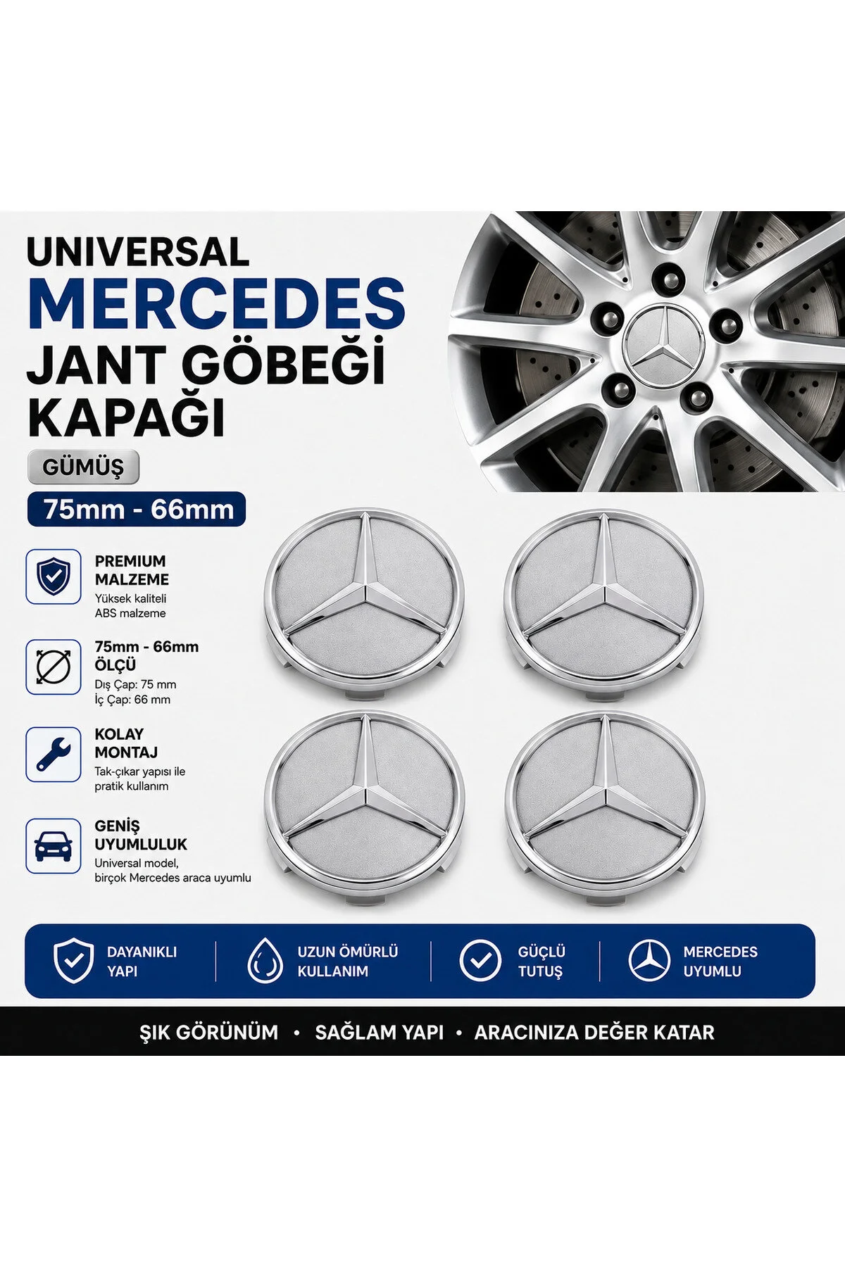 Universal Mercedes Jant Göbeği Kapağı Gümüş 75mm - 66mm