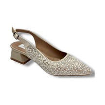 C-shoes 2605-26 Saten İncili Taşlı Kare Topuk Arkası Açık Kadın Ayakkabı Bej