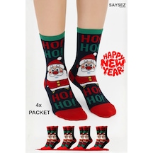 Saysez Unisex Yılbaşı Desenli 4'lü Paket Renkli Soket Çorap Christmas Happy New Year Renkli7