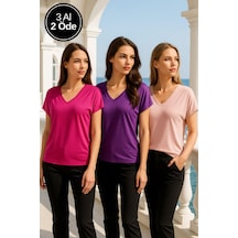 Kadın 3'lü Paket Mor-pembe-pudra Viskon V Yakalı T-shirt Kısa Kollu Rahat Kesim Bluz Çok Renkli