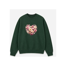 Herkesemoda Kalp Ve Güller Baskı Detaylı Bisiklet Yaka Şardonlu 2 İplik Sweatshirt Yeşil