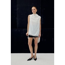 Sateen Dantel Detaylı Degaje Yaka Bluz - Ekru-137045 Ekru