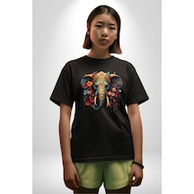 Bereket Fil Hintli Tasarım Pamuklu Bisiklet Yaka Unisex Oversize Boyfriend Dijital Baskılı Siyah T-shirt Siyah