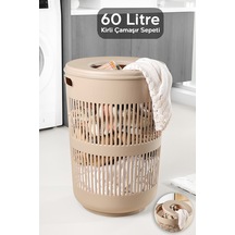 60 Litre Solara Yuvarlak Kirli Sepeti - Kapak Detaylı Banyo Düzenleyici Sepet Çamaşır Sepeti Bej Bej