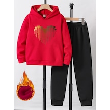 Uyguntarz Eriyen Kalpler Baskılı Oversize Çocuk Sweatshirt Eşofman Takım Kırmızı