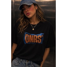 Yolo Street Onrs Baskılı Oversize Beyaz Tişört Kadın Streetwear T-shirt Siyah
