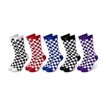 Unisex Çorap Dama Desenli Renkli 5'li Set Kareli Uzun Soket Günlük Spor Eğlenceli Rahat Çorap Seti Renk: Çok Renkli, Beden: 39-44, Adet: 5 Diğer